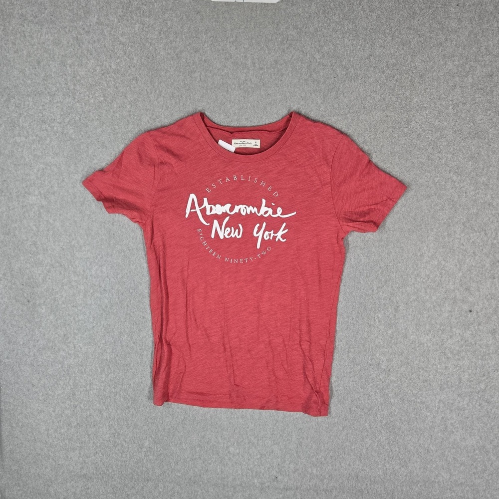 Abercrombie & Fitch Women Shirt M Red Logo Graphic Print Short Sleeve Crew Neck